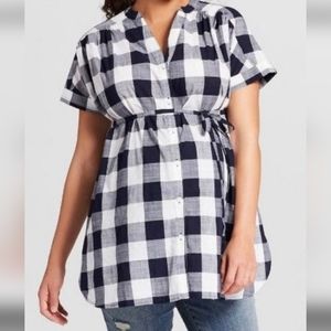 Women's black and white‎ checkered waist tie MATERNITY shirt, size L